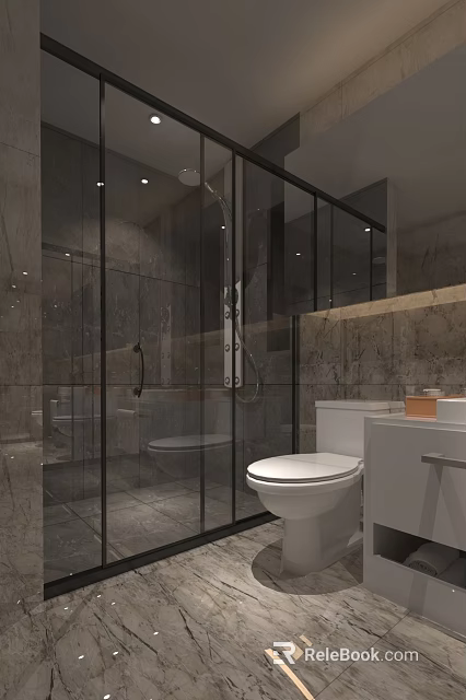 Modern Luxury Marble Bathroom With Clear Glass Shower Enclosure White Toilet And Simple Vanity Cabinet 3d model 