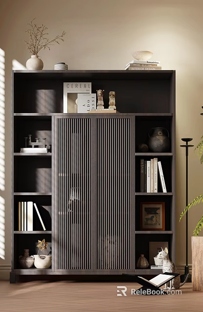 Modern Dark Bookcase With Vertical Slat Door Holding Books Decorative Items Photo Frame And Vase 3d model 
