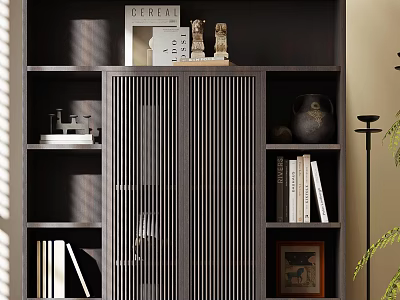 Modern Dark Bookcase With Vertical Slat Door Holding Books Decorative Items Photo Frame And Vase 3d model