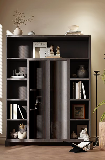 Modern Dark Bookcase With Vertical Slat Door Holding Books Decorative Items Photo Frame And Vase 3d model