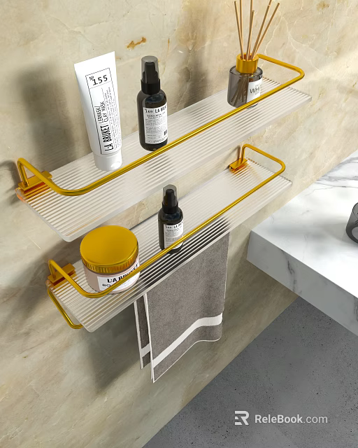Bathroom Storage Shelf With Yellow Brackets Glass Shelves Holding Toiletries And Towel 3d model 