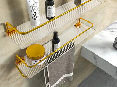 Bathroom Storage Shelf With Yellow Brackets Glass Shelves Holding Toiletries And Towel 3d model