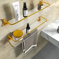 Bathroom Storage Shelf With Yellow Brackets Glass Shelves Holding Toiletries And Towel