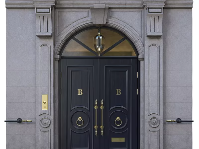 Black Double Entrance Door With Gold B Initials Gray Stone Frame Arched Transom Light Fixture 3d model