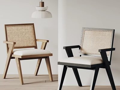 Modern Dining Chairs With Wooden And Black Frame Rattan Backrest Armrests Upholstered Seat 3d model