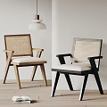 Modern Dining Chairs With Wooden And Black Frame Rattan Backrest Armrests Upholstered Seat