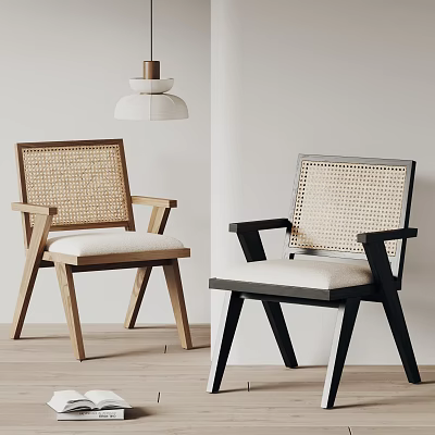 Modern Dining Chairs With Wooden And Black Frame Rattan Backrest Armrests Upholstered Seat 3d model