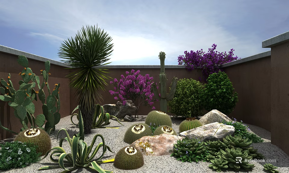 Lush Garden Landscape Featuring Cactus Purple Flowers Stones And Various Plants 3d model 