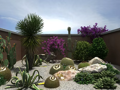 Lush Garden Landscape Featuring Cactus Purple Flowers Stones And Various Plants 3d model