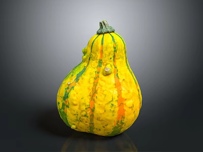Yellow Green Striped Pear Shaped Decorative Squash With Textured Surface And Green Stem 3d model