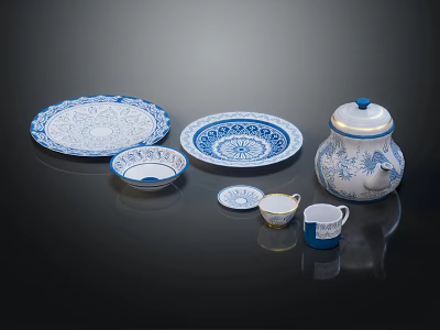 Blue And White Ceramic Tableware Set With Plates Bowls Teapot And Cups 3d model