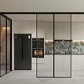 Modern Glass Sliding Doors With Black Frame In Kitchen With White Cabinets And Marble Backsplash