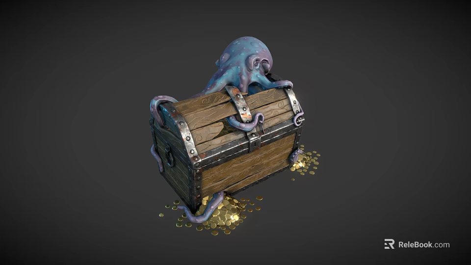 Octopus Shaped Game Movie Character Emerging From Wooden Treasure Chest With Scattered Gold Coins 3d model 