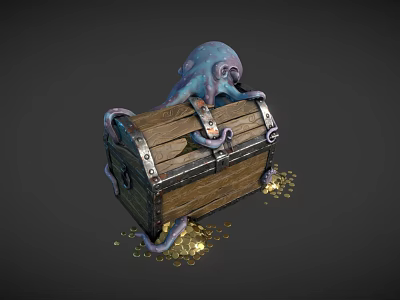 Octopus Shaped Game Movie Character Emerging From Wooden Treasure Chest With Scattered Gold Coins 3d model