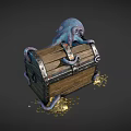 Octopus Shaped Game Movie Character Emerging From Wooden Treasure Chest With Scattered Gold Coins