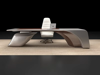 Modern Office Desk With Sleek Metal Wood Structure And Ergonomic White Chair 3d model