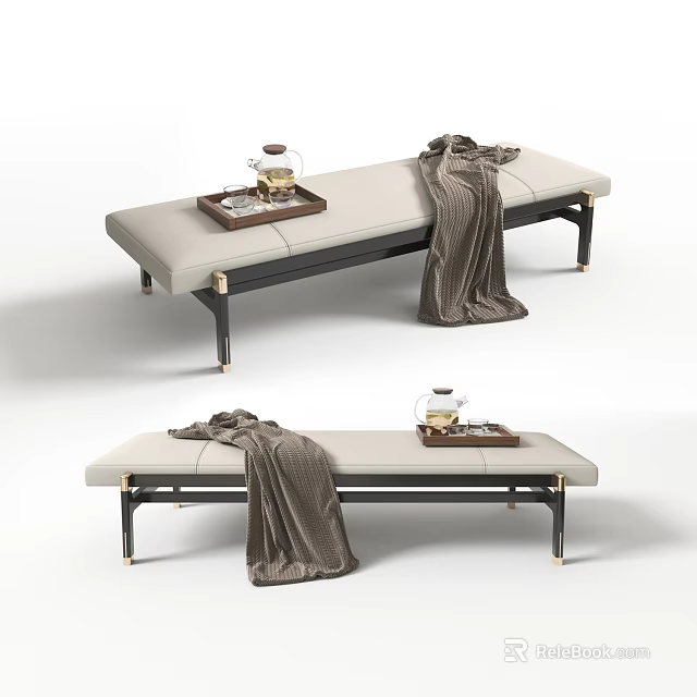 Modern Footstool With Beige Cushion Metal Legs Tea Tray Teapot And Cozy Blanket 3d model 