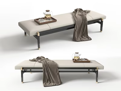 Modern Footstool With Beige Cushion Metal Legs Tea Tray Teapot And Cozy Blanket 3d model