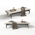 Modern Footstool With Beige Cushion Metal Legs Tea Tray Teapot And Cozy Blanket