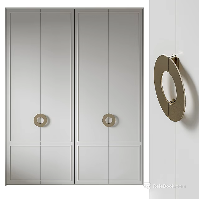 Modern White Wardrobe with Round Metal Handles and Panel Design in Sleek Contemporary Style 3d model 