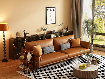 Cozy Living Room Featuring Brown Leather Multi Person Sofa With Throw Pillows And Floor Lamp 3d model