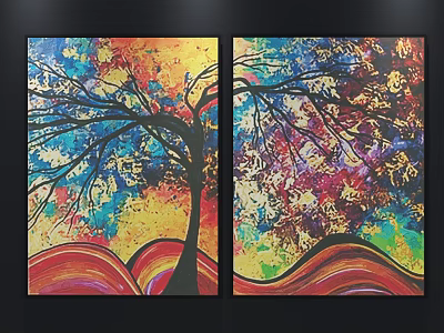 Abstract Oil Painting With Two Trees Vibrant Colors And Wavy Background Side By Side 3d model