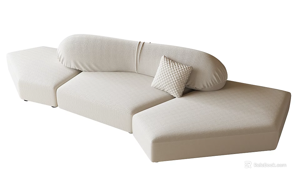 Modern Beige Fabric Sectional Sofa With Curved Design And Accent Pillow 3d model 