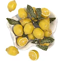 Fresh Ripe Lemons in White Shell Shaped Bowl with Green Leaves and Sliced Pieces
