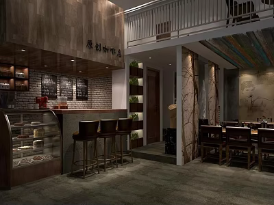 Cozy Cafe Interior With Wooden Bar Counter Brick Wall And Comfortable Seating 3d model