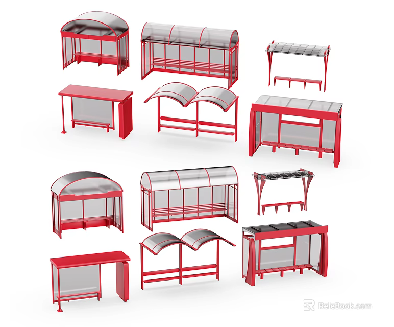 Modern Red Outdoor Public Facilities Featuring Various Bus Shelter Structures 3d model