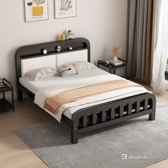 Modern Wooden Double Bed With Headboard Bedding Nightstands Carpet And Curtains In Bedroom 3d model 