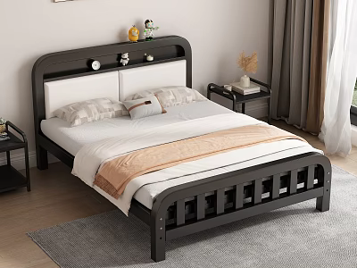 Modern Wooden Double Bed With Headboard Bedding Nightstands Carpet And Curtains In Bedroom 3d model