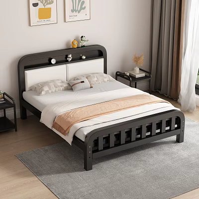 Modern Wooden Double Bed With Headboard Bedding Nightstands Carpet And Curtains In Bedroom 3d model