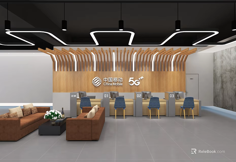Modern China Telecom 5G Store Interior With Display Shelves And Seating Area 3d model