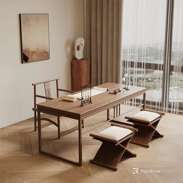 Minimalist Wooden Dining Table Set with Cushioned Stools Wall Art and Window View 3d model