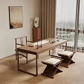 Minimalist Wooden Dining Table Set with Cushioned Stools Wall Art and Window View 3d model
