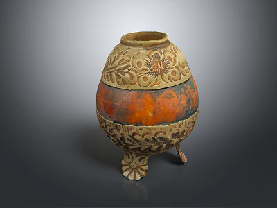 Elegant Vase With Carved Floral Patterns Orange Beige Design And Footed Base 3d model