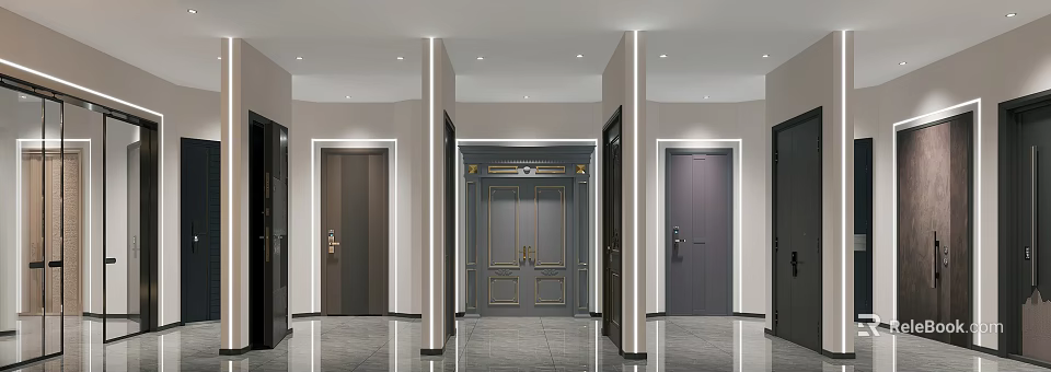Luxurious Door Showroom Showcasing Various Styles With Decorative Frames Lighting And Elegant Floor 3d model 