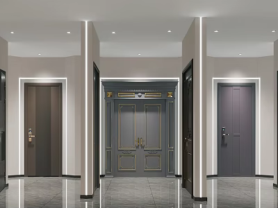 Luxurious Door Showroom Showcasing Various Styles With Decorative Frames Lighting And Elegant Floor 3d model
