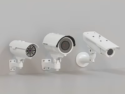 Various Types Of White Surveillance Cameras Mounted On Wall For Security Monitoring 3d model