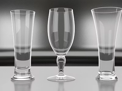 Transparent Glass Wine Cups With Various Shapes Placed On Gray Tabletop Surface 3d model