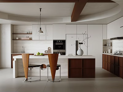Modern Kitchen Interior Design With Marble Island And Wooden Cabinets 3d model