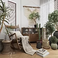 Cozy Wooden Leisure Chair With Soft Blanket And Green Plants Near Window Blinds And Bookcase