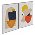 Two Framed Abstract Paintings With Yellow Orange Navy Beige Geometric Shapes