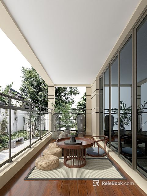 Home Balcony With Glass Railing Round Table Chairs Green Plants Natural Light Garden View 3d model 