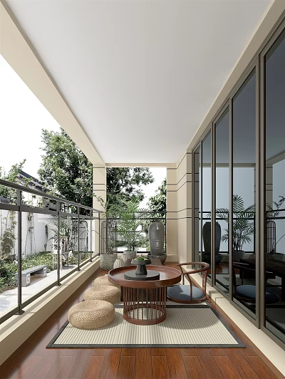 Home Balcony With Glass Railing Round Table Chairs Green Plants Natural Light Garden View 3d model