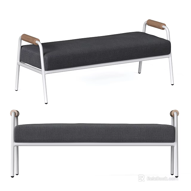 Modern Gray Sofa Bench With Metal Frame Wooden Armrests And Comfortable Cushion 3d model 