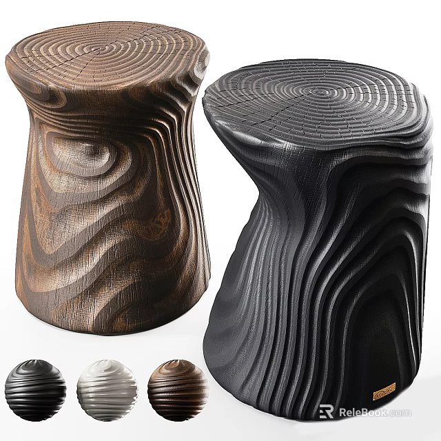Unique Wooden Stools With Curved Wavy Texture In Dark Brown And Black Colors 3d model 