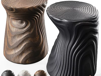 Unique Wooden Stools With Curved Wavy Texture In Dark Brown And Black Colors 3d model