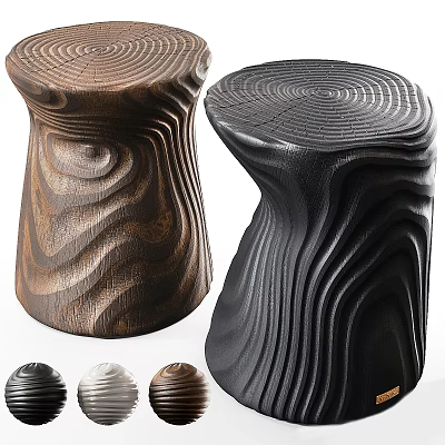Unique Wooden Stools With Curved Wavy Texture In Dark Brown And Black Colors 3d model
